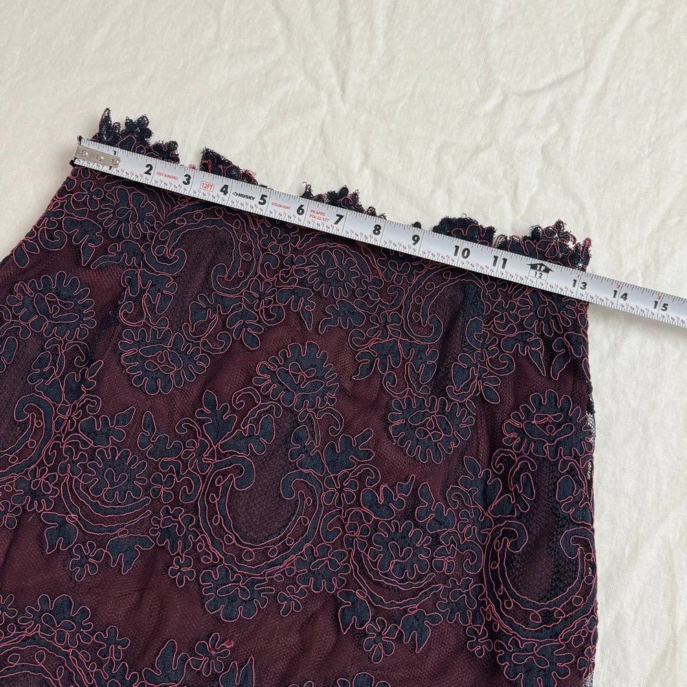 Sandro Paris Lace Overlay Burgundy & Blue Midi Pencil Skirt Size 2 Designer
